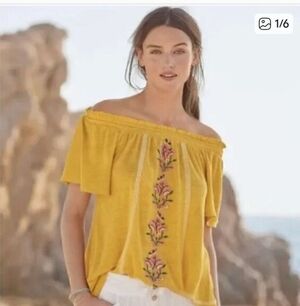 Sundance Yellow 100% Linen Floral Embroidered Off Shoulder Top Womens M